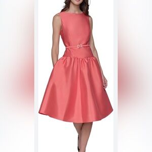 Karl Lagerfeld Womens Sleeveless Boat Neck Drop Waist Belted Midi Dress